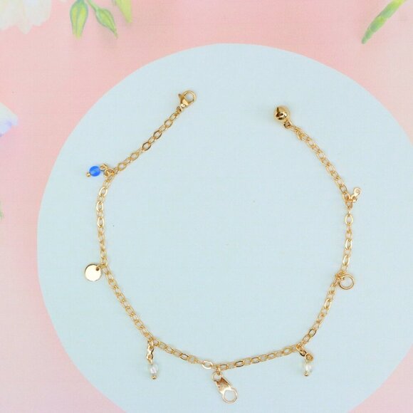 "Rose Gold Anklet with Pearl Drops & Blue Bead, XPAL1167 - Picture 4 of 12